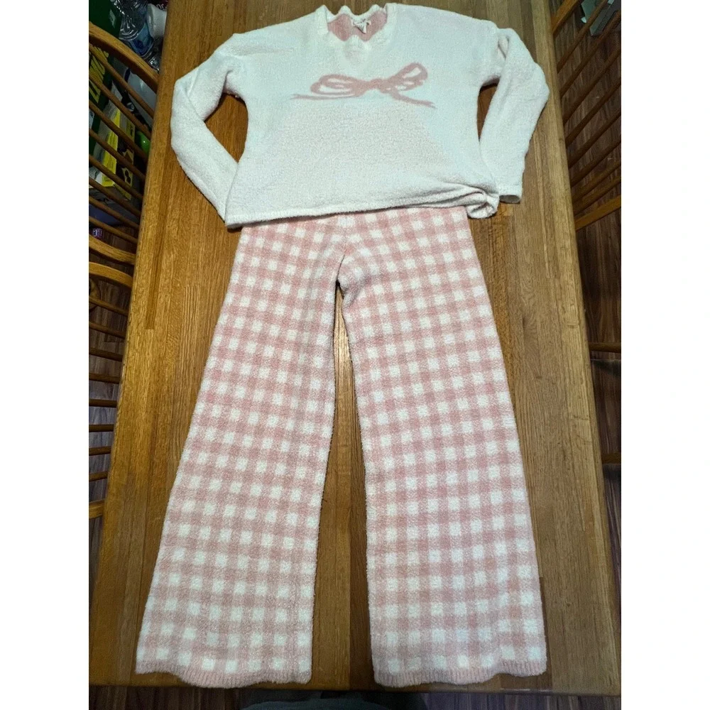 Happily‎ Grey Women SM Pink White Gingham Bow Fuzzy Coord Loungewear Pajama Set